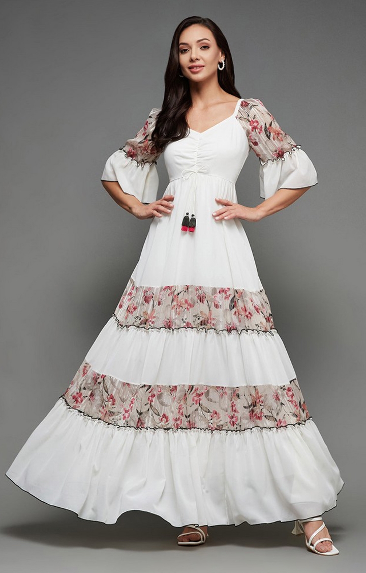 MISS CHASE | Women's White Georgette Casualwear Tiered Dress