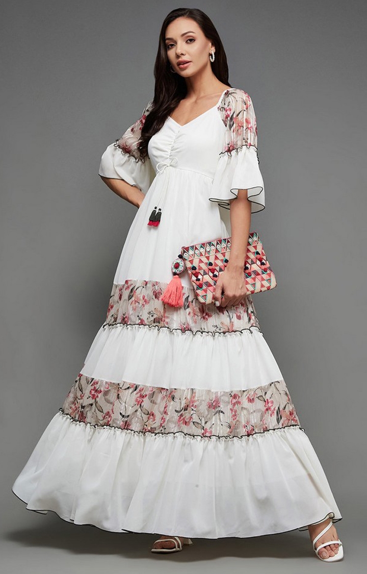 Women's White Georgette Casualwear Tiered Dress