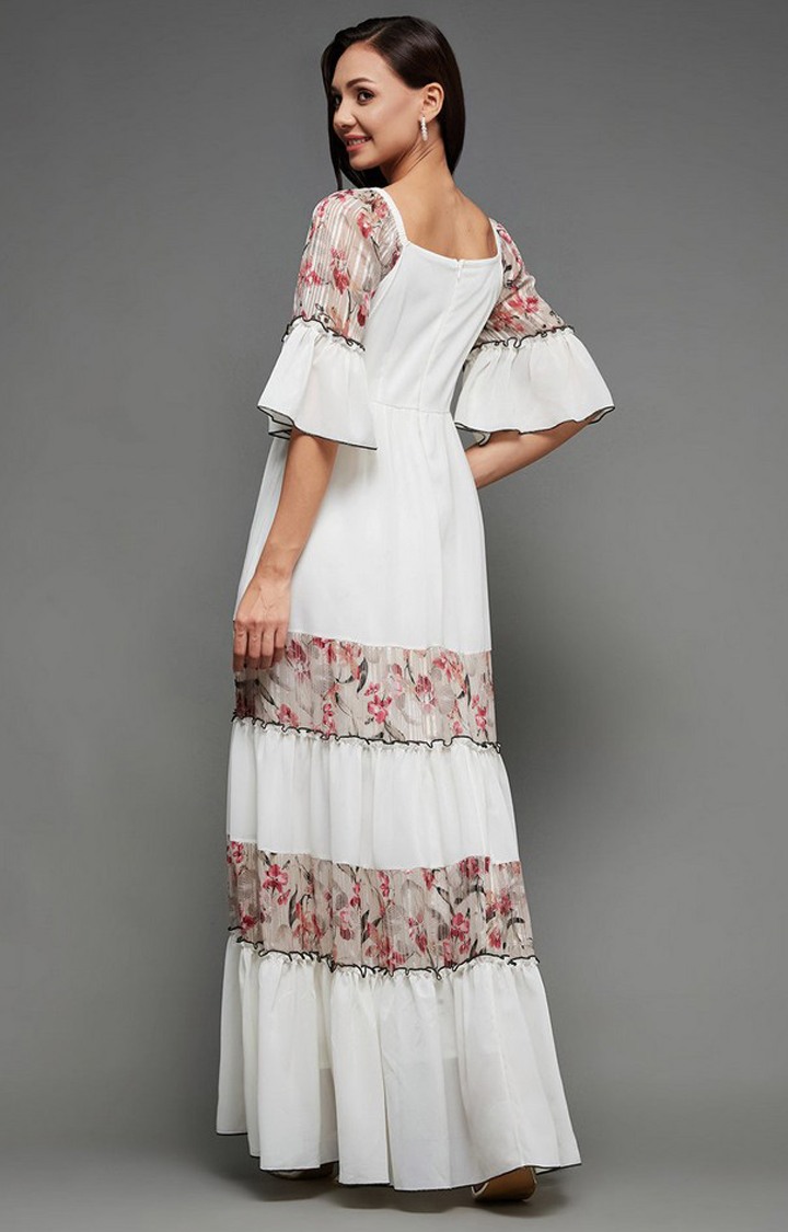 Women's White Georgette Casualwear Tiered Dress