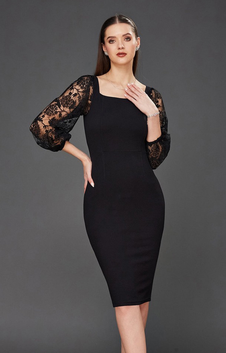 Women's Black Polyester SolidEveningwear Fit & Flare Dress