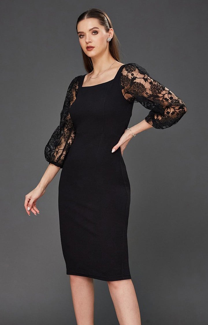 Women's Black Polyester SolidEveningwear Fit & Flare Dress