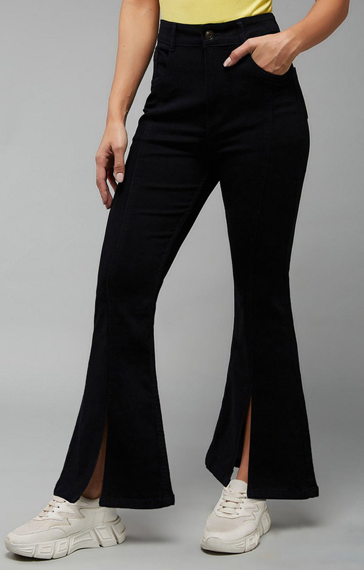 Women's Black Solid Flared Jeans