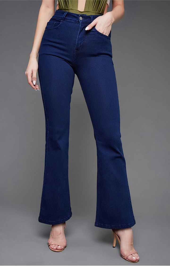 MISS CHASE | Women's Blue Solid Flared Jeans