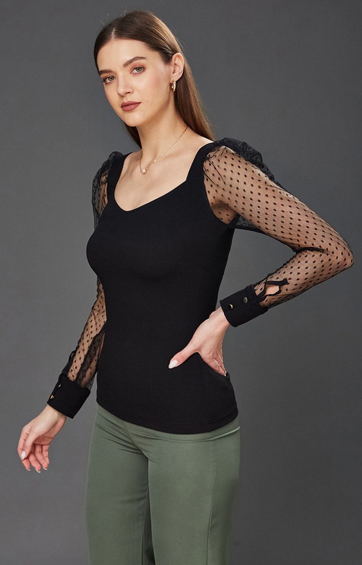 Women's Black Polyester  Tops