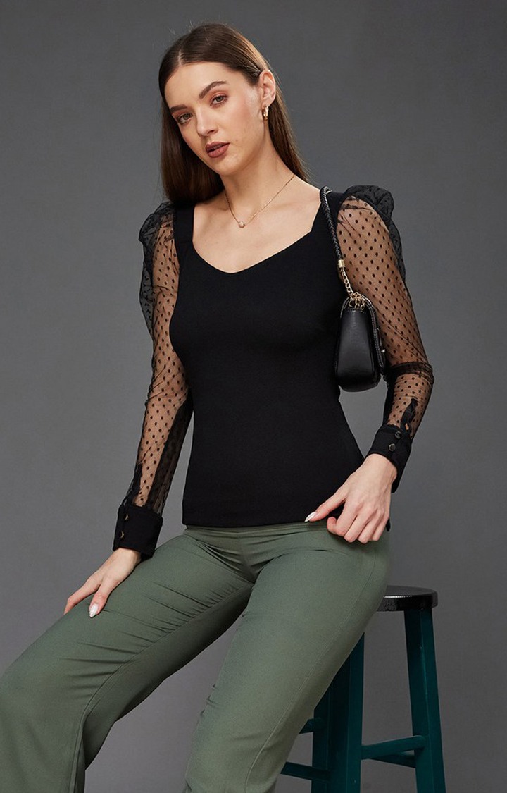 Women's Black Polyester  Tops