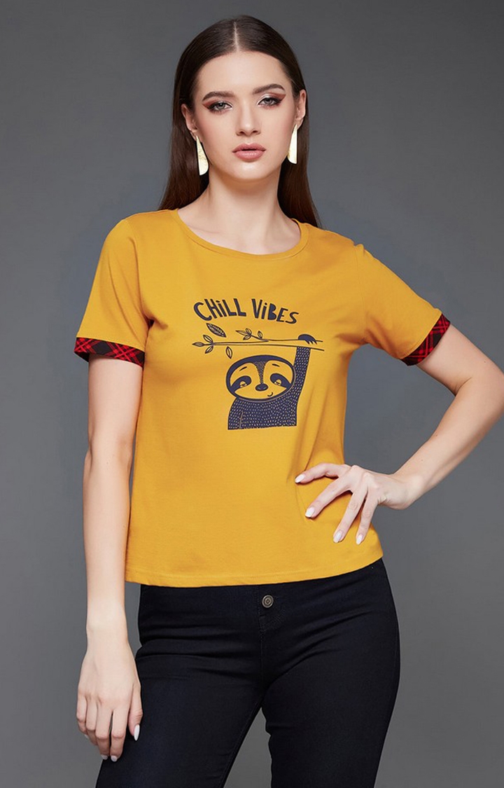 MISS CHASE | Women's Yellow Cotton  T-Shirts