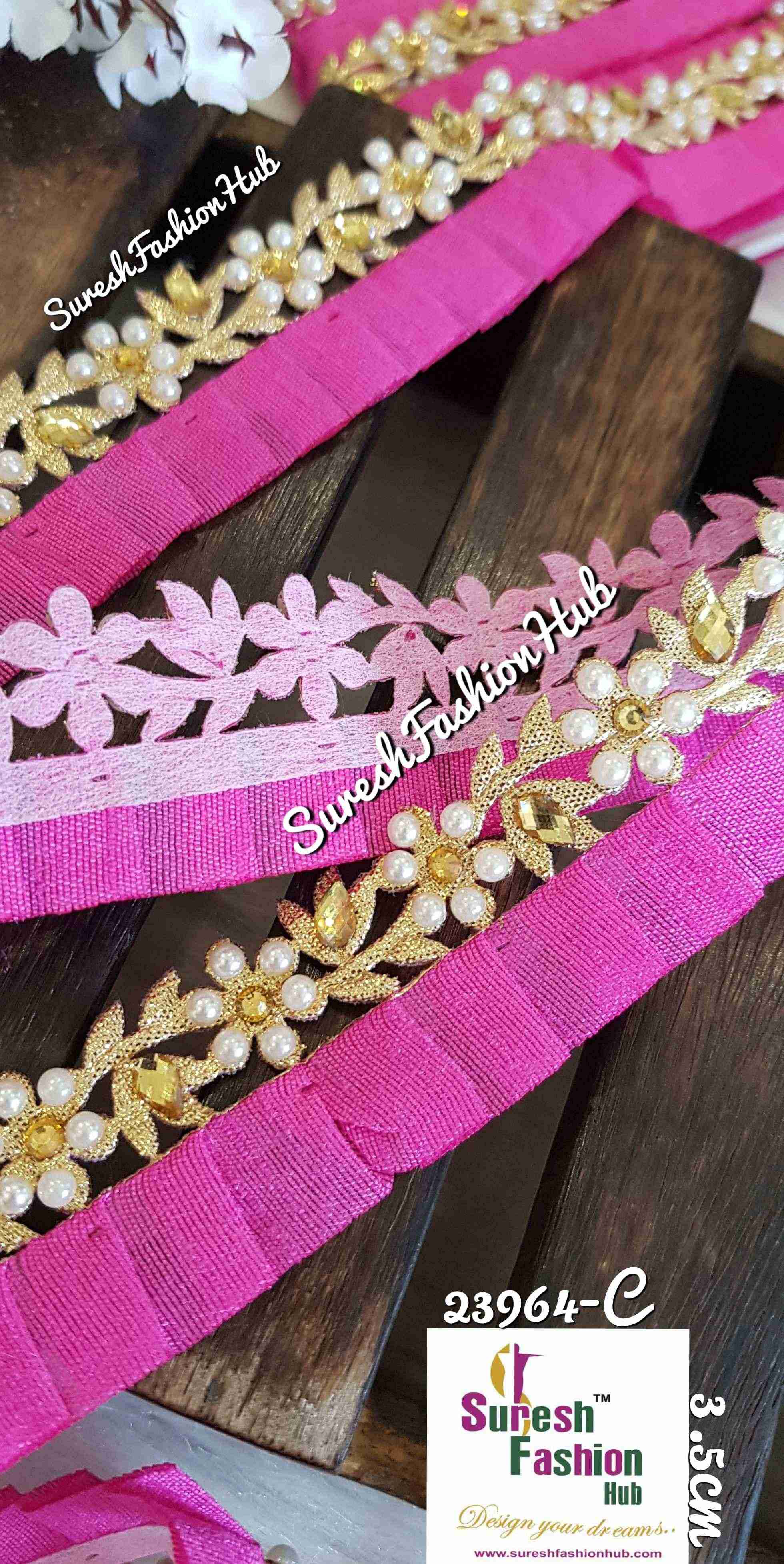 Designer Pink Flowers Embellished Trim