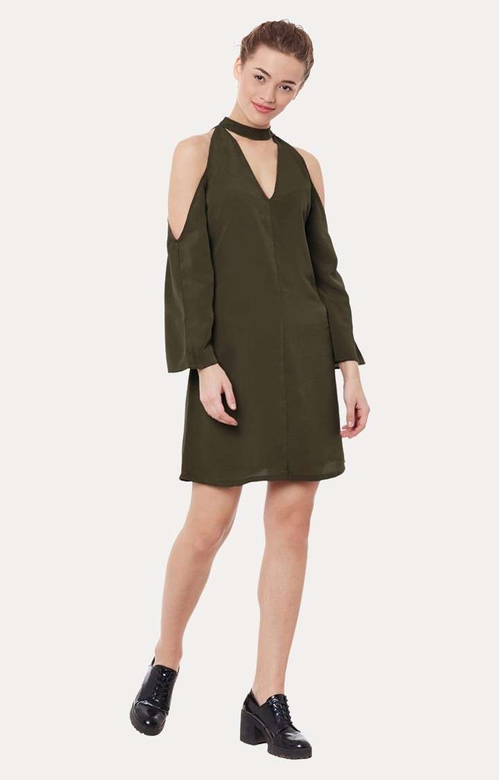 Women's Green Polyester SolidEveningwear Shift Dress