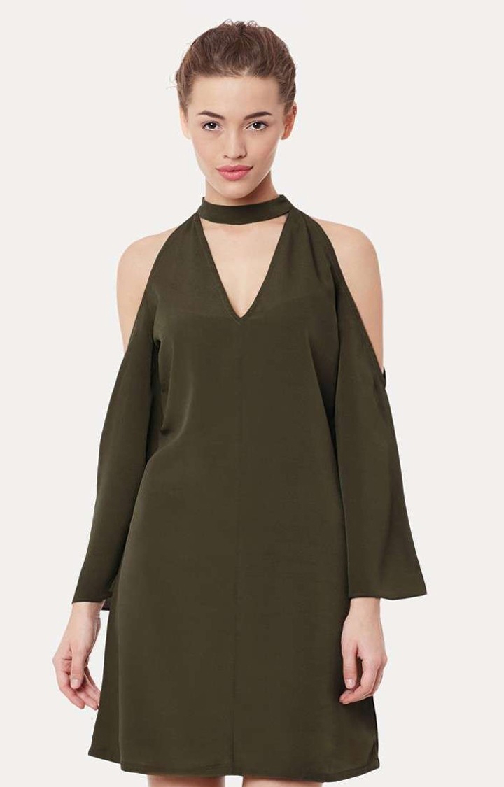 MISS CHASE | Women's Green Polyester SolidEveningwear Shift Dress