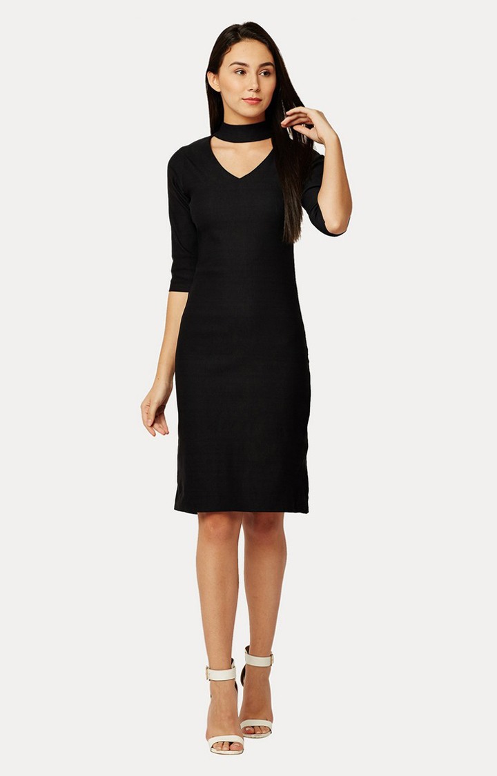 Women's Black Polyester SolidEveningwear Sheath Dress