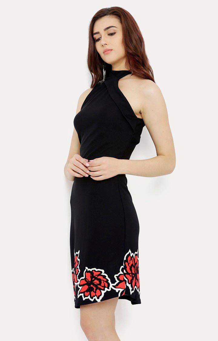 Women's Black Polyester PrintedEveningwear Sheath Dress