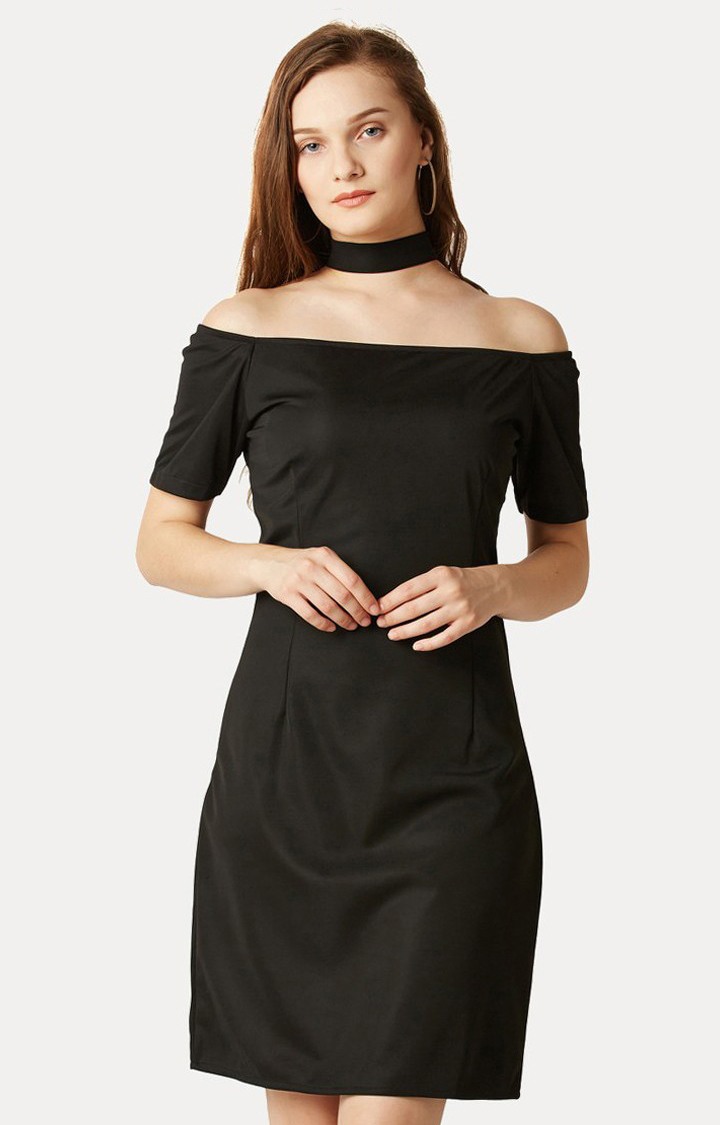 MISS CHASE | Women's Black Polyester SolidEveningwear Sheath Dress