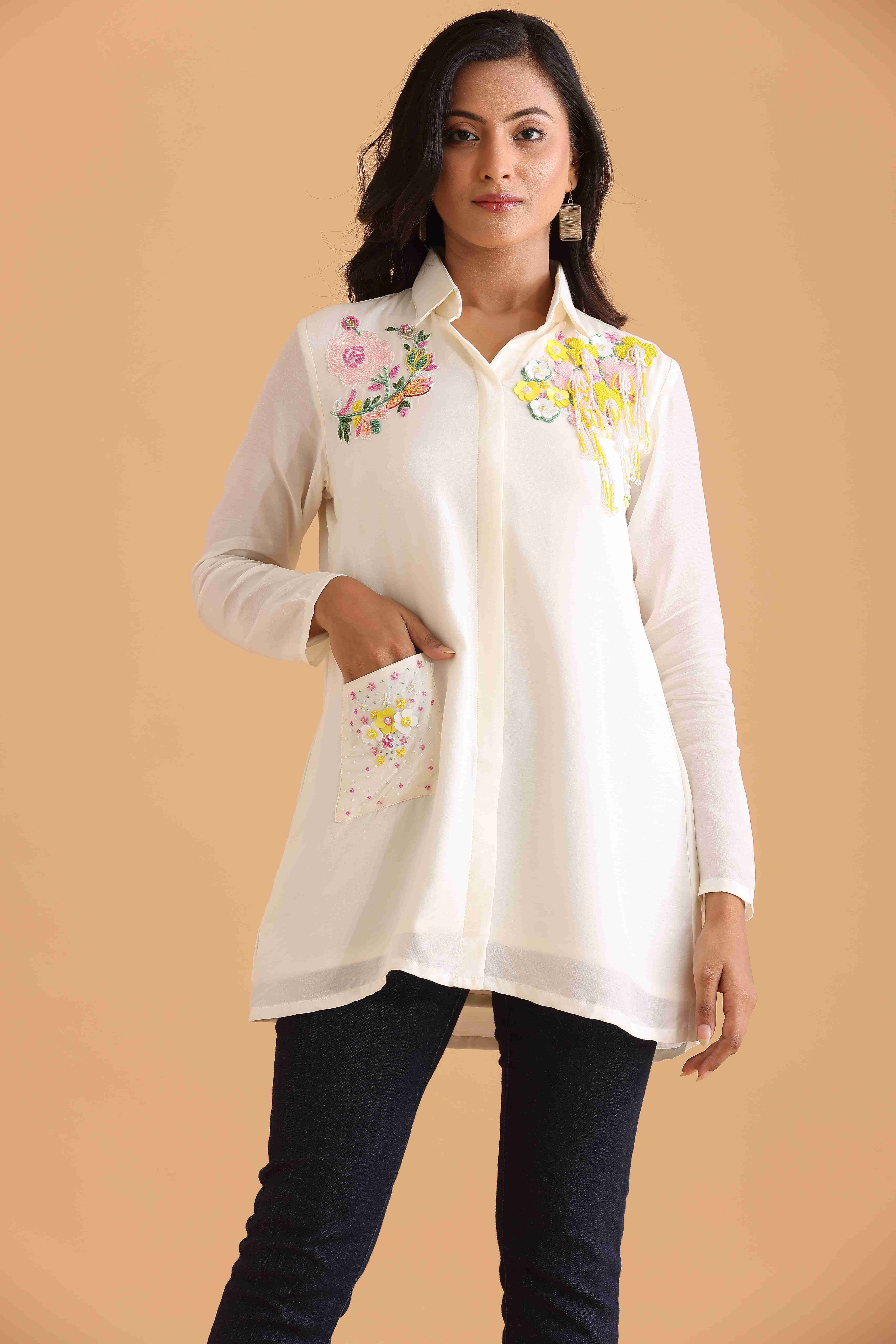 Ivory Floral Embroidered Tunic Shirt