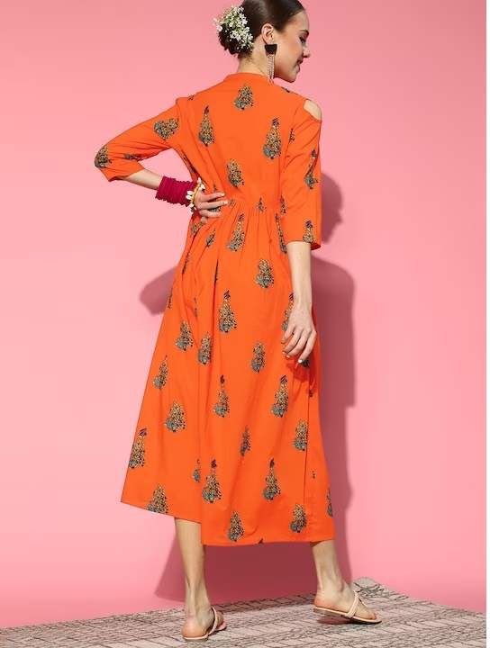 Orange Ethnic Motifs Ethnic A-Line Pure Cotton Midi Dress