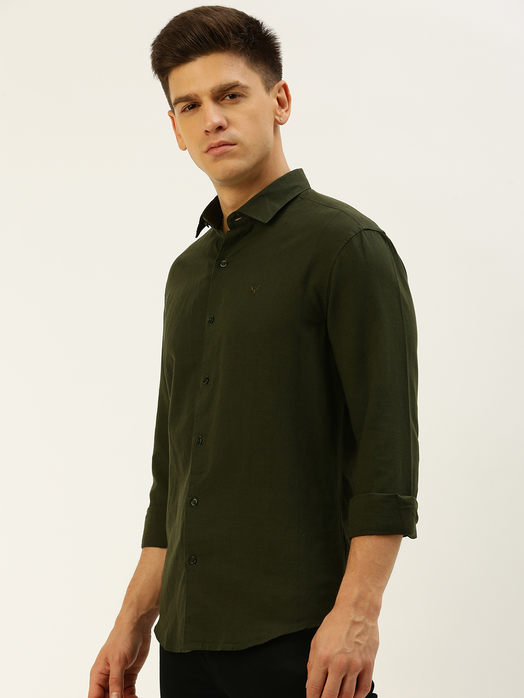 SHOWOFF Men's Spread Collar Solid Olive Regular Fit Shirt