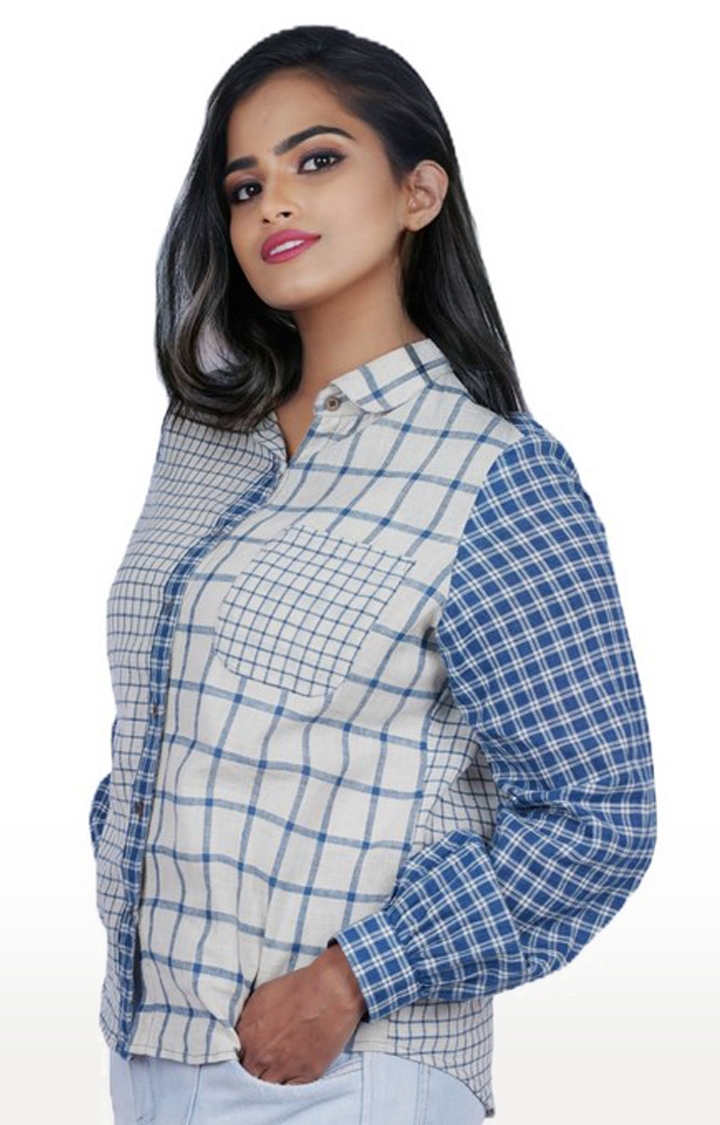 INGINIOUS Clothing Co. | Women's Off White and Blue Cotton Checked Casual Shirt