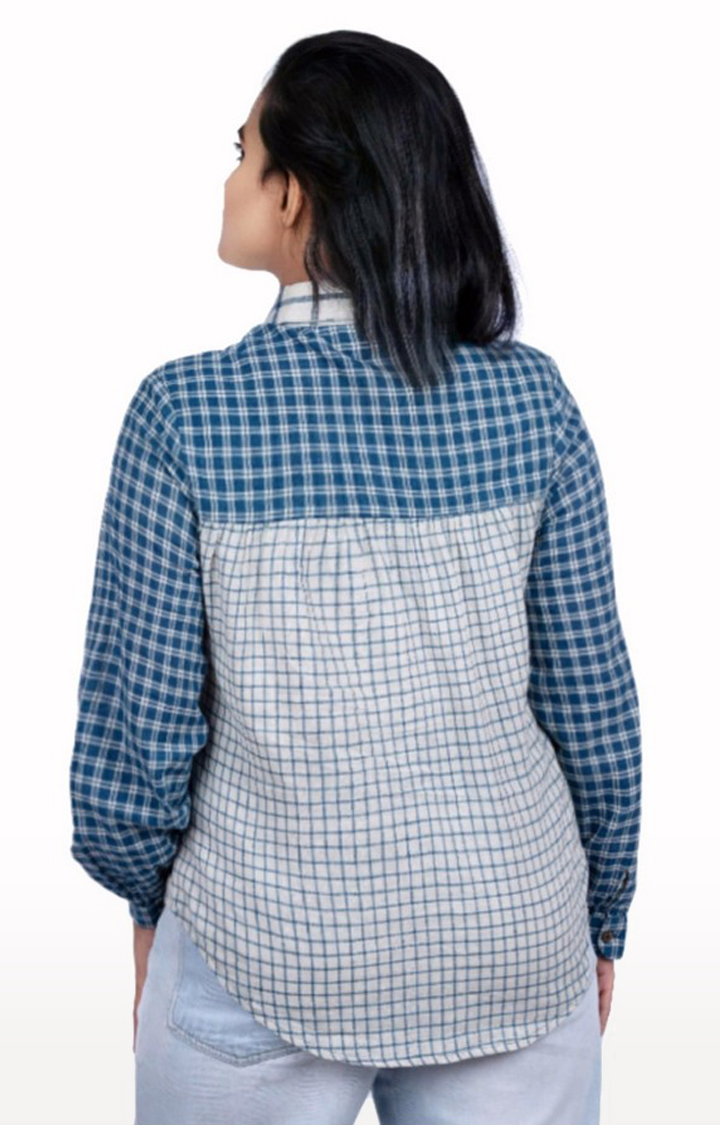 Women's Off White and Blue Cotton Checked Casual Shirt