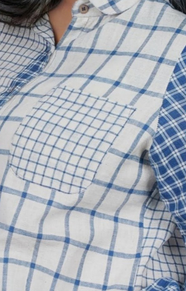 Women's Off White and Blue Cotton Checked Casual Shirt