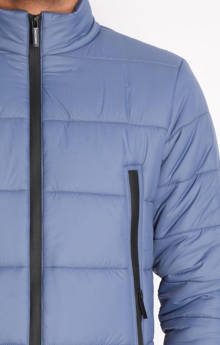 Men's Blue Solid Polyester Bomber Jackets