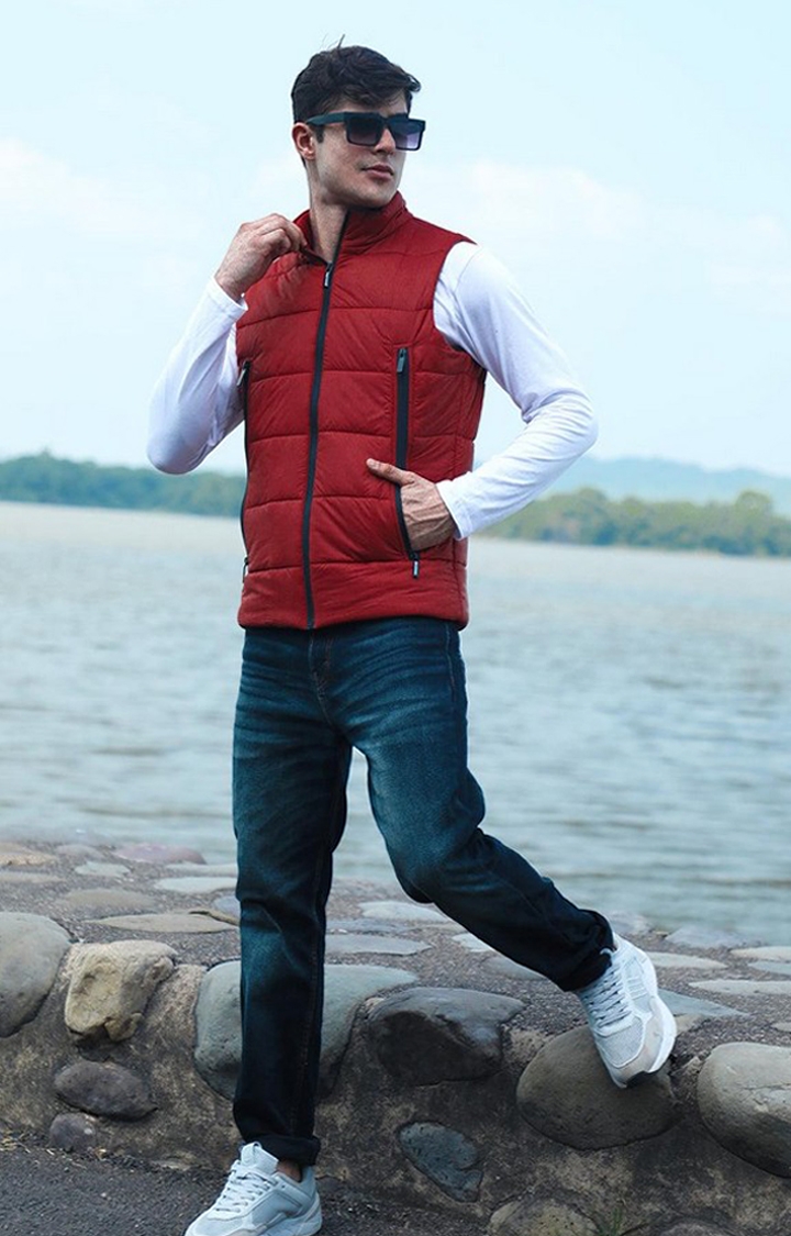 Men's Red Solid Polyester Gilet