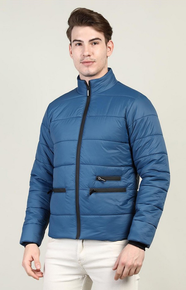 CHKOKKO | Men's Blue Solid Polyester Bomber Jackets