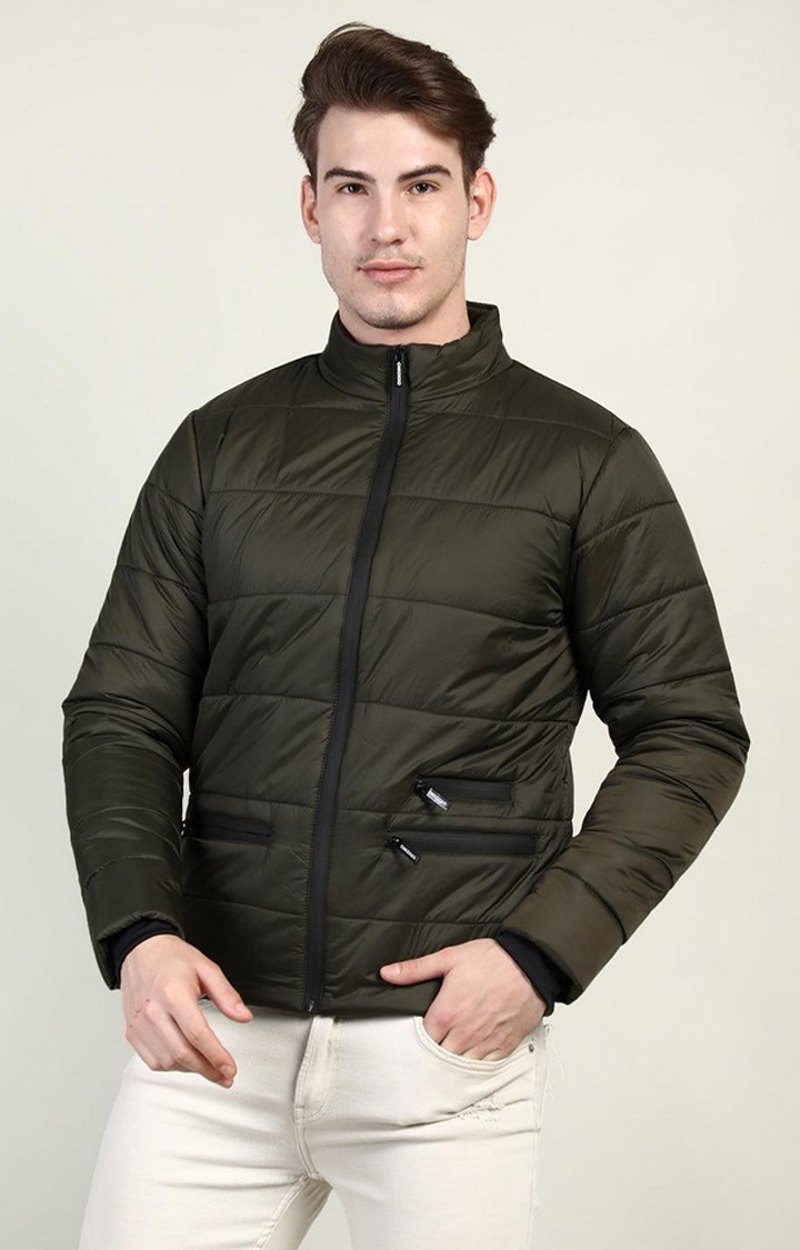 Men's Olive Green Solid Polyester Bomber Jackets