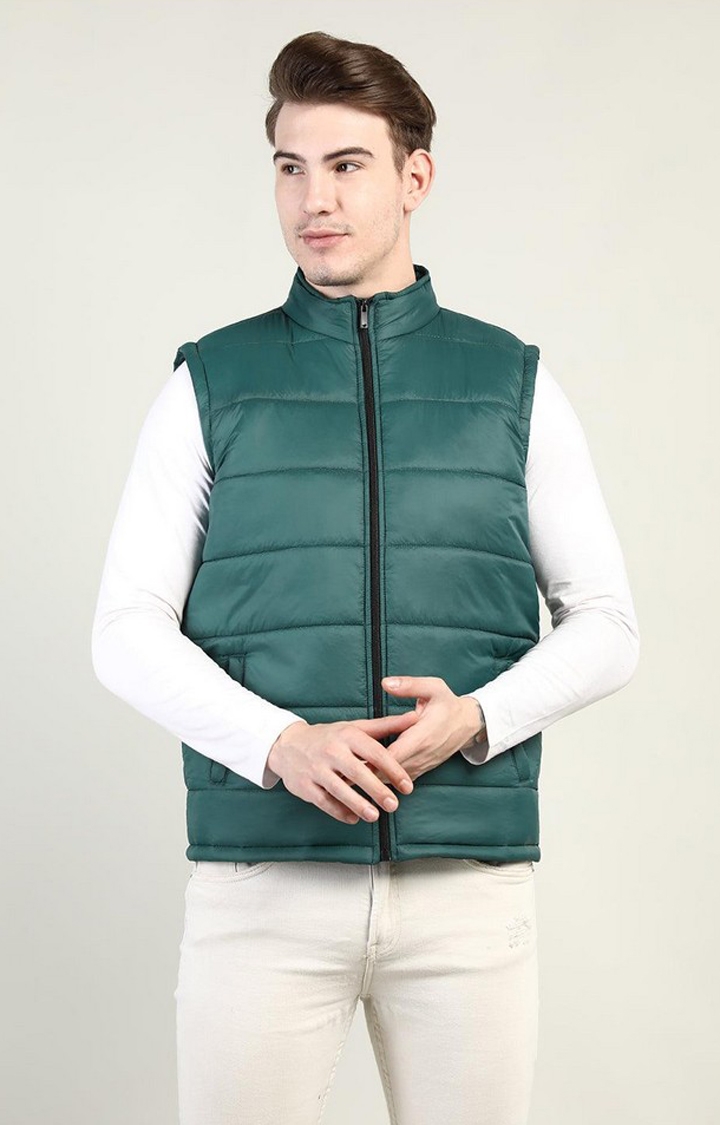 CHKOKKO | Men's Green Solid Polyester Gilet