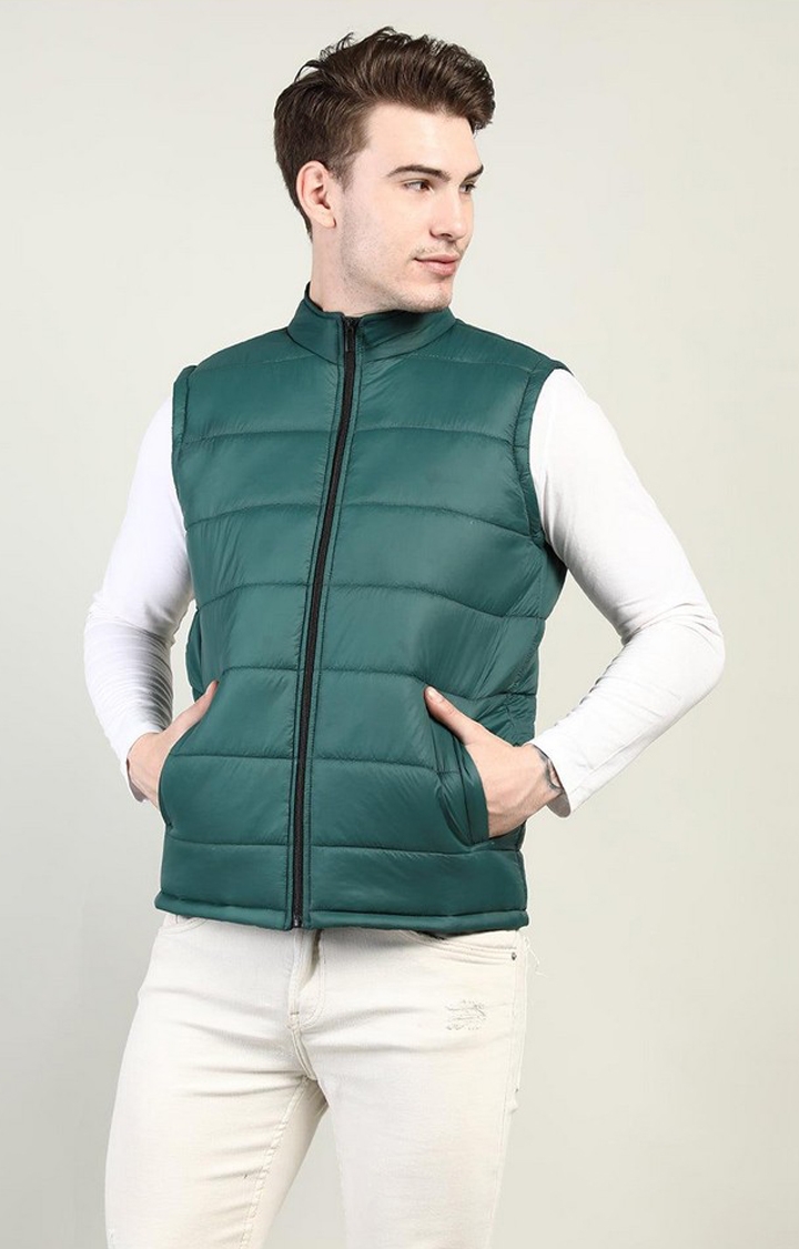 Men's Green Solid Polyester Gilet