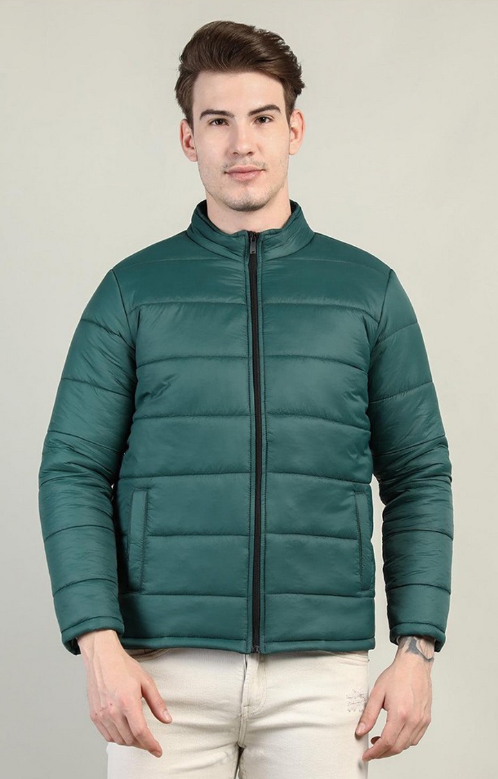 CHKOKKO | Men's Green Solid Polyester Bomber Jackets