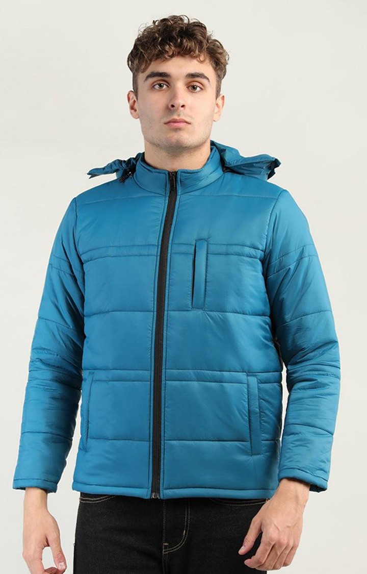 CHKOKKO | Men's Blue Solid Polyester Bomber Jackets