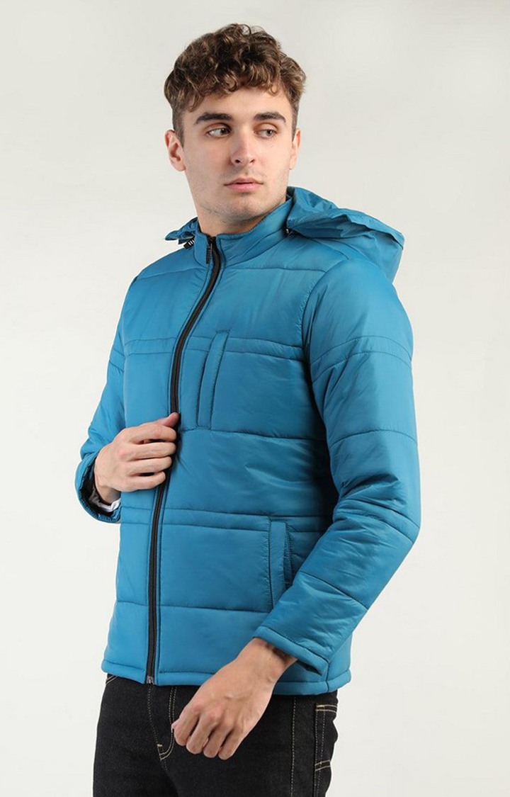 Men's Blue Solid Polyester Bomber Jackets