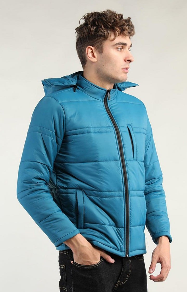 Men's Blue Solid Polyester Bomber Jackets