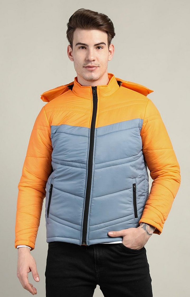 CHKOKKO | Men's Grey & Orange Colorblocked Polyester Bomber Jackets