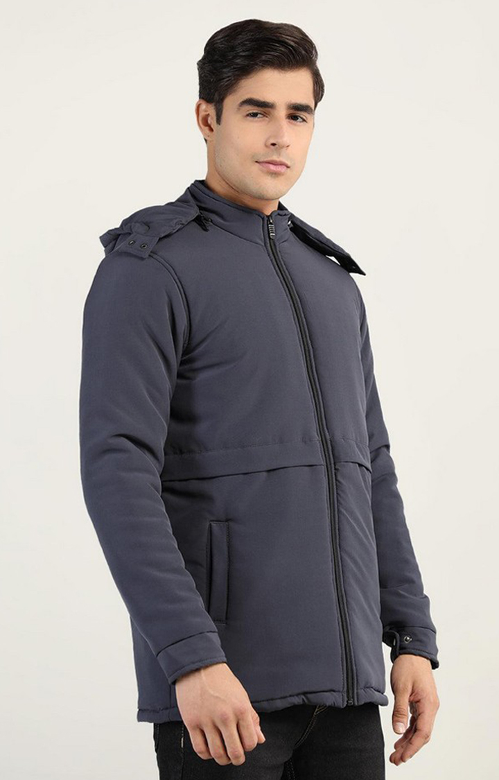 Men's Navy Blue Solid Polyester Bomber Jackets