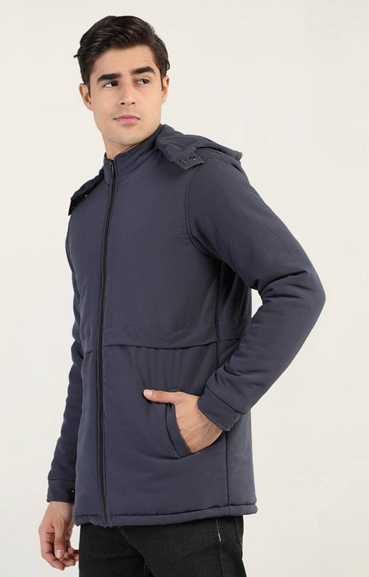 Men's Navy Blue Solid Polyester Bomber Jackets