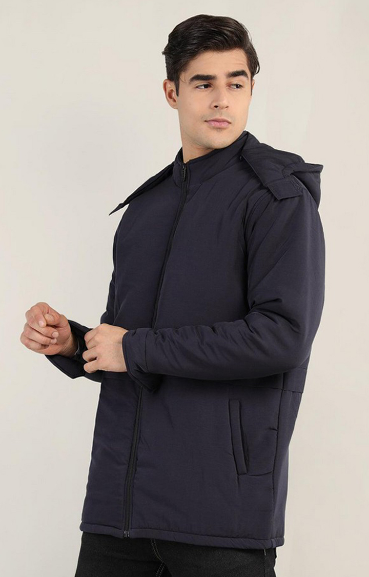 Men's Navy Blue Solid Polyester Bomber Jackets