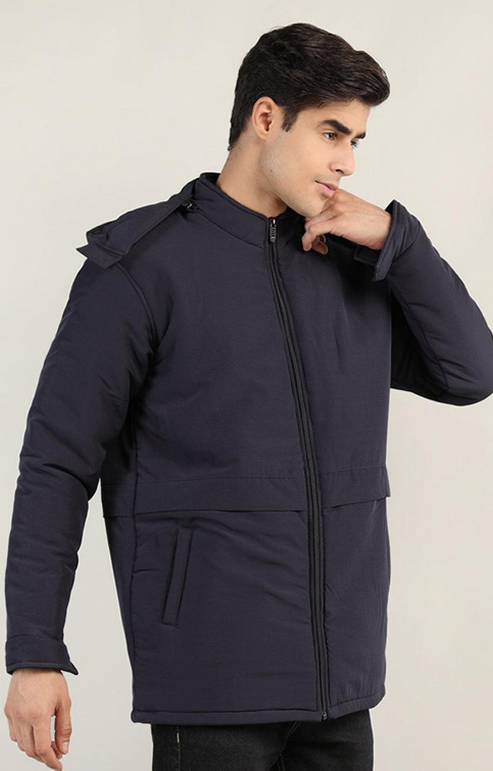 Men's Navy Blue Solid Polyester Bomber Jackets