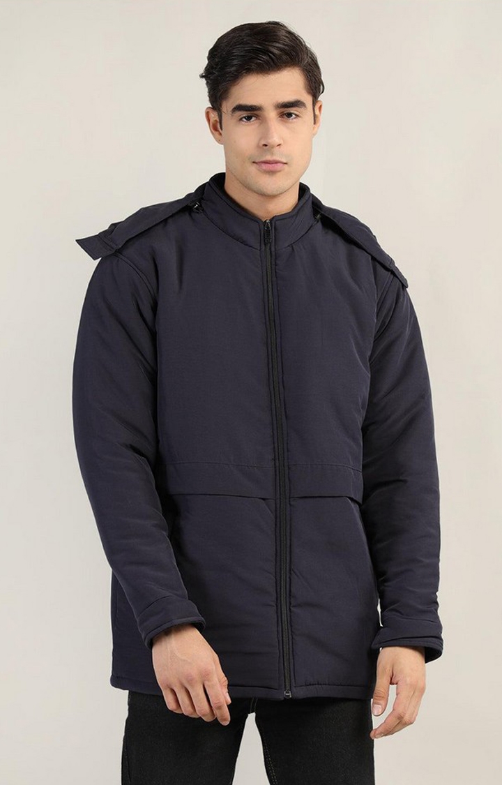 Men's Navy Blue Solid Polyester Bomber Jackets