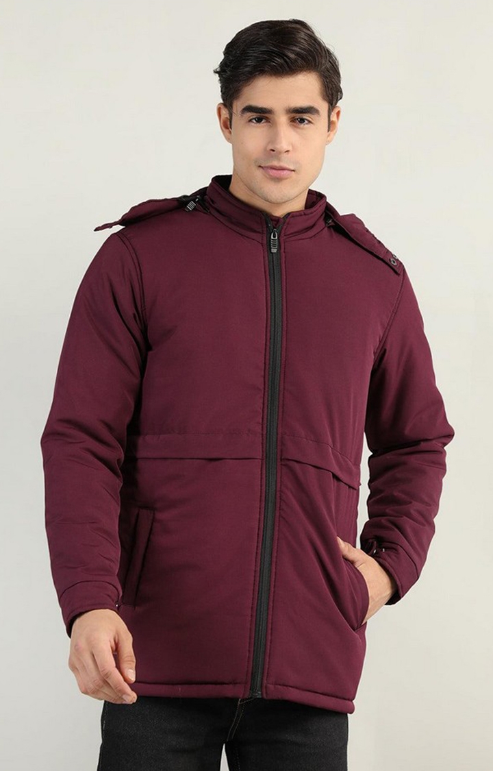 CHKOKKO | Men's Wine Red Solid Polyester Bomber Jackets