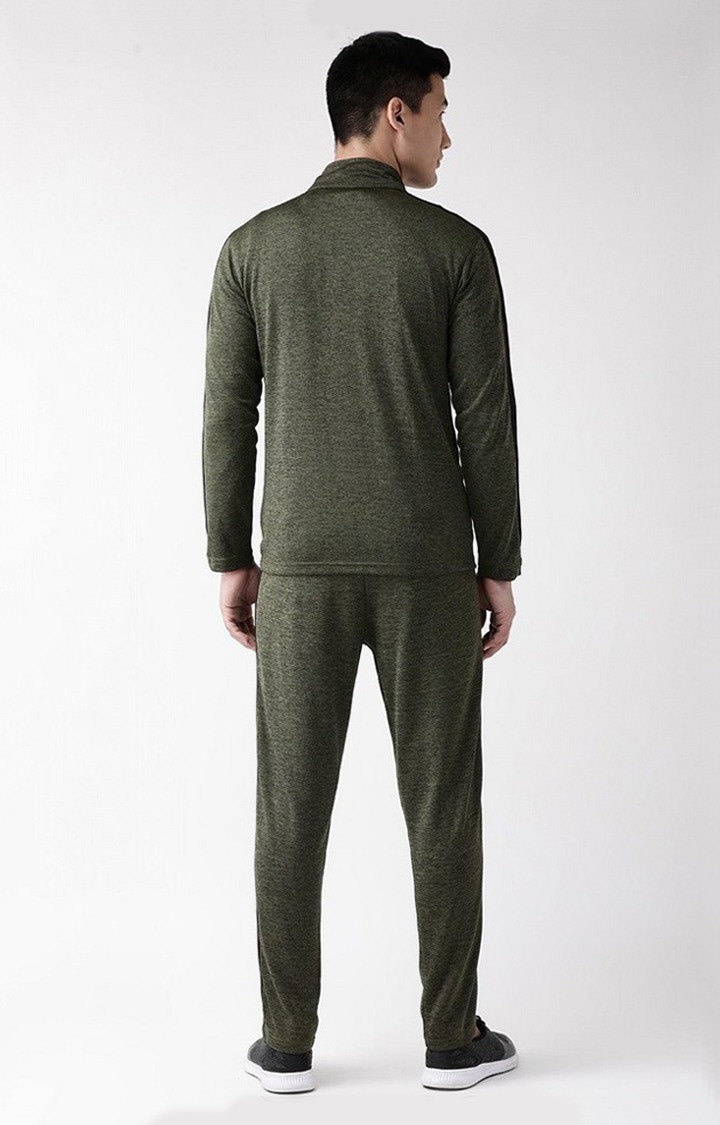Men's Olive Green Melange Textured Polyester Tracksuit