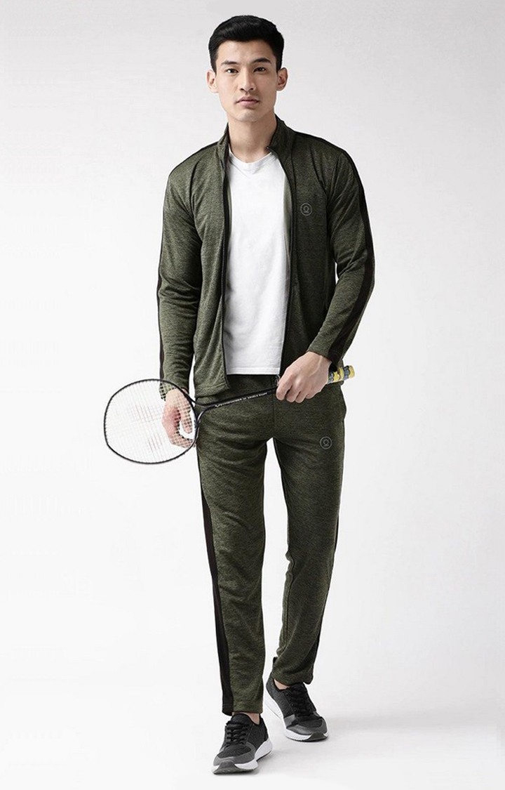 Men's Olive Green Melange Textured Polyester Tracksuit