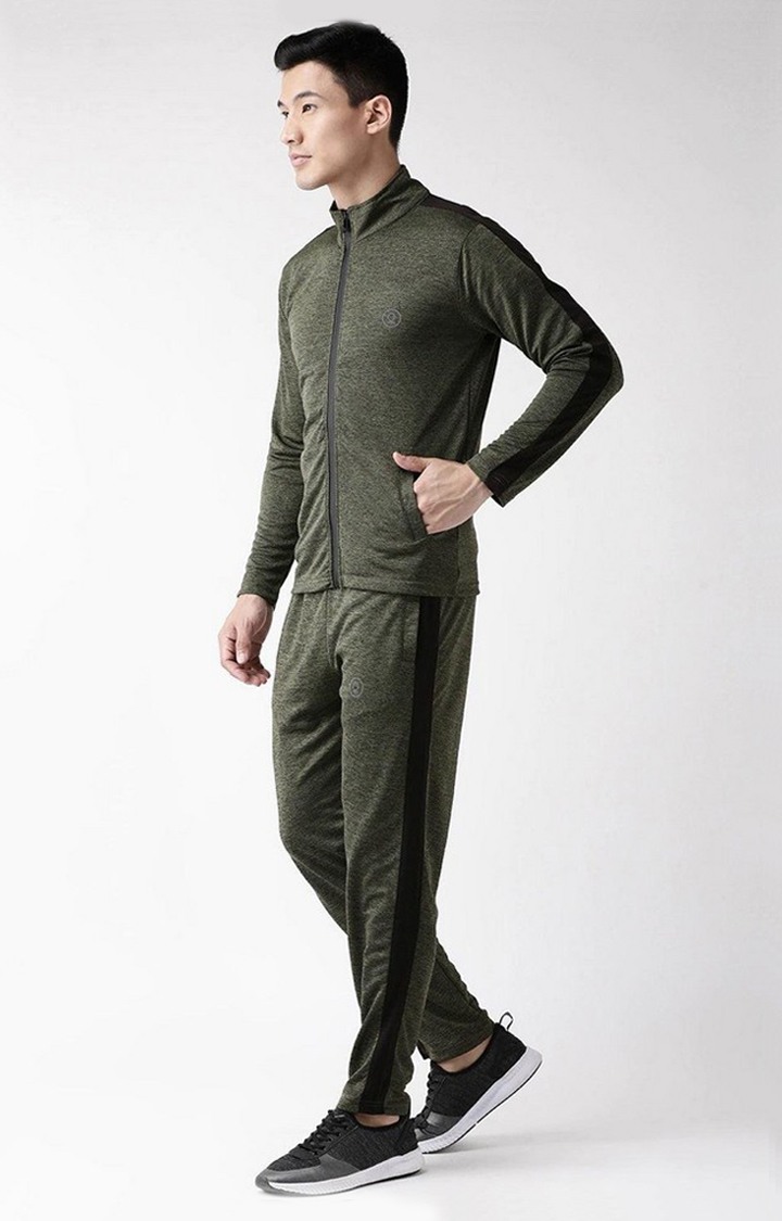 Men's Olive Green Melange Textured Polyester Tracksuit