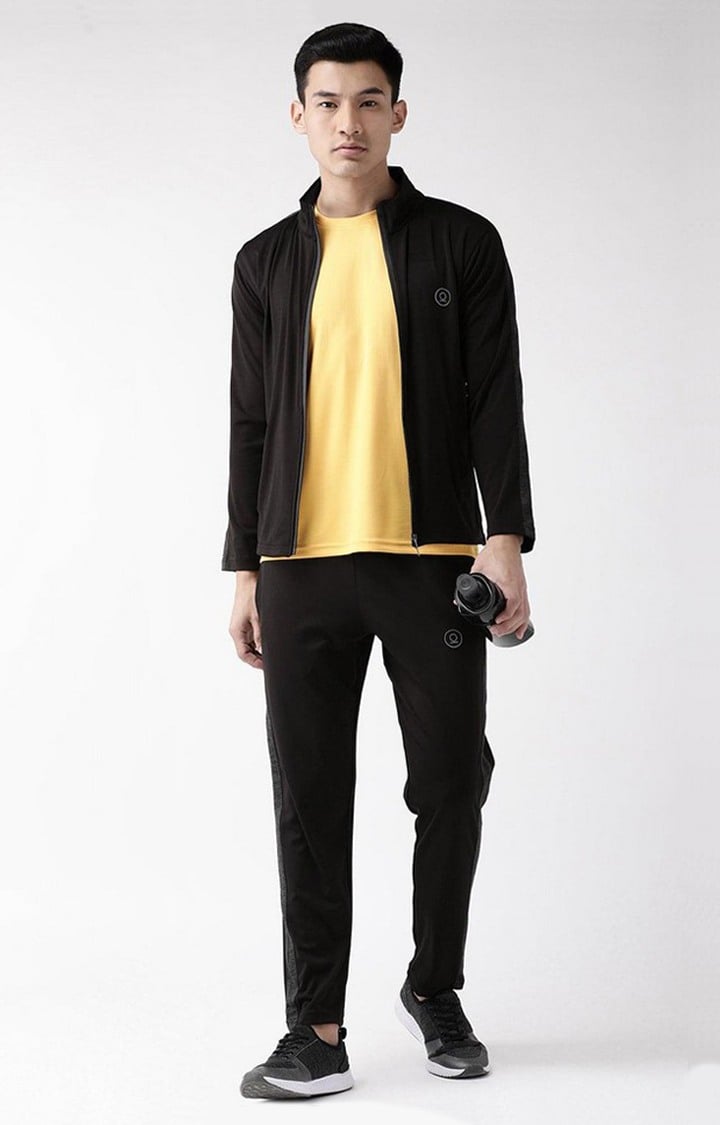 Men's Black and Light Grey Solid Polyester Tracksuit
