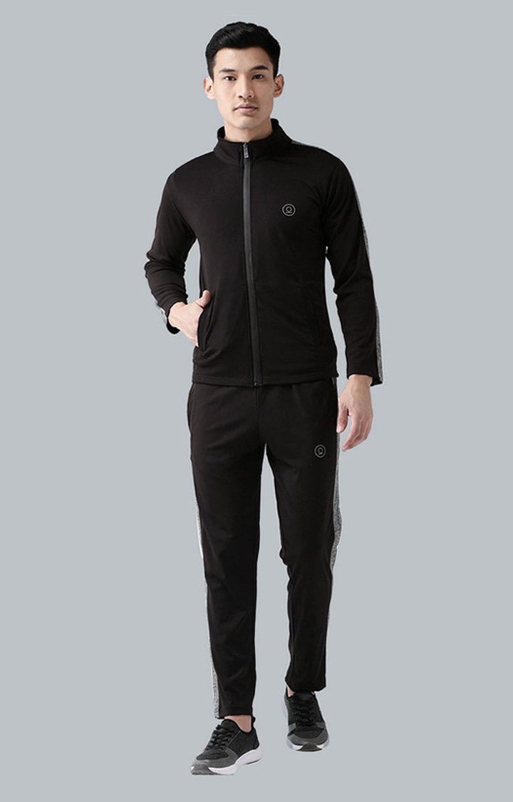 Men's Black and Light Grey Solid Polyester Tracksuit