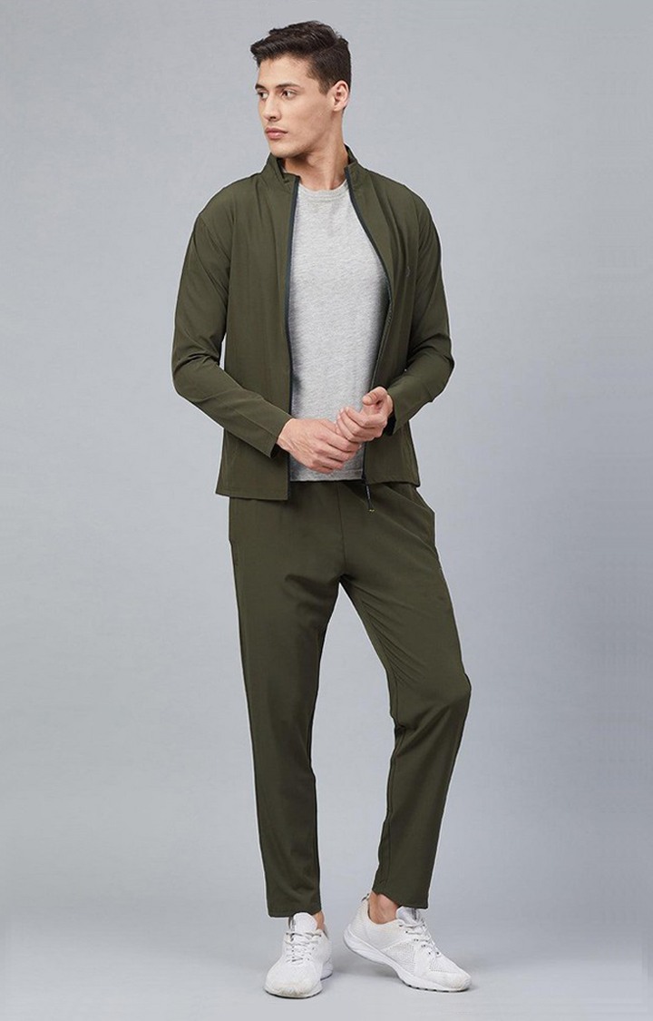 Men's Bottle Green Solid Polyester Tracksuit
