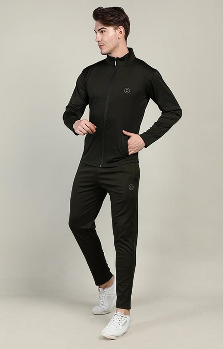 Men's Dark Olive Solid Polyester Tracksuit