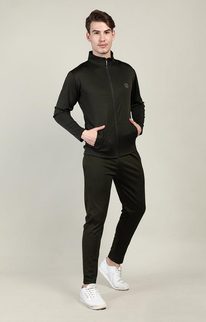 Men's Dark Olive Solid Polyester Tracksuit