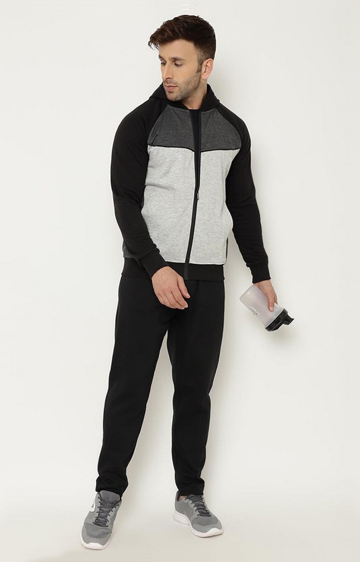 Men's Black and Grey Colourblocked Polyester Tracksuit