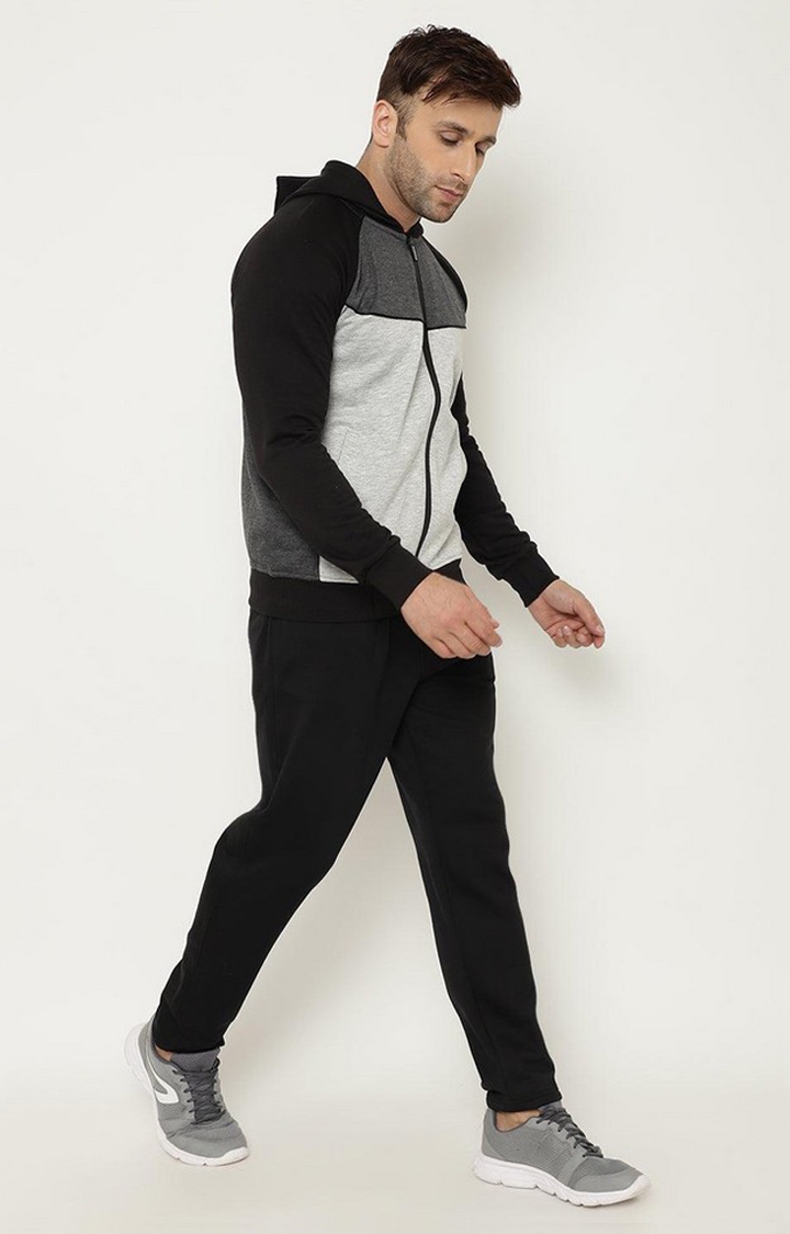 Men's Black and Grey Colourblocked Polyester Tracksuit