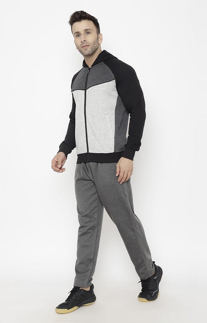 Men's Grey and Black Colourblocked Polyester Tracksuit